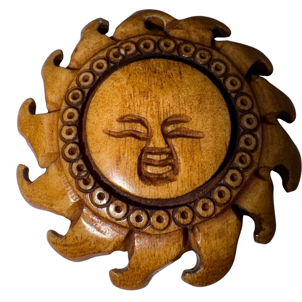 Carved Wood Sun Pendant | Natural Wooden Jewelry | Artisan Carving